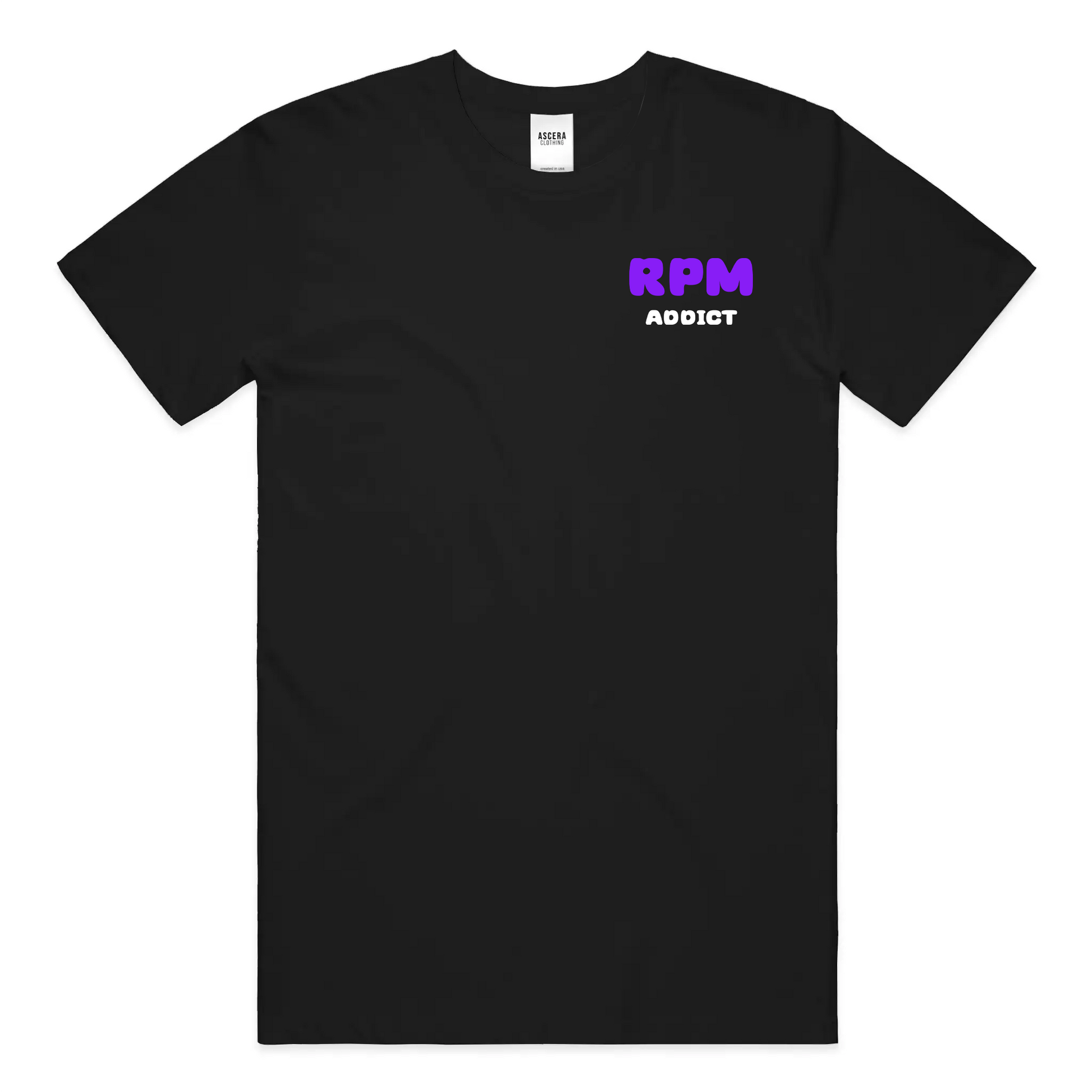 Black t-shirt with purple and white text on a white background