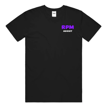 Black t-shirt with purple and white text on a white background