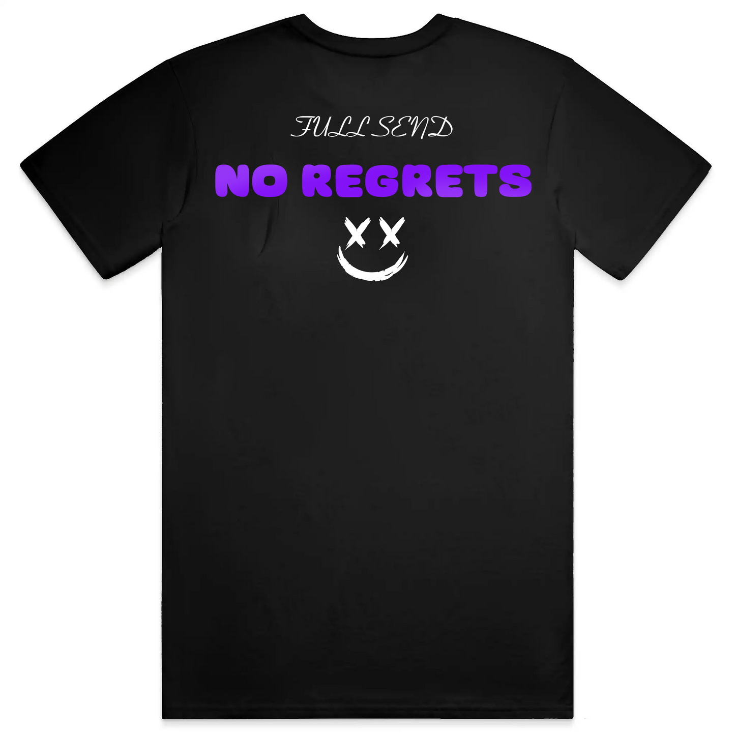Black t-shirt with 'NO REGRETS' text and smiley face design on a white background