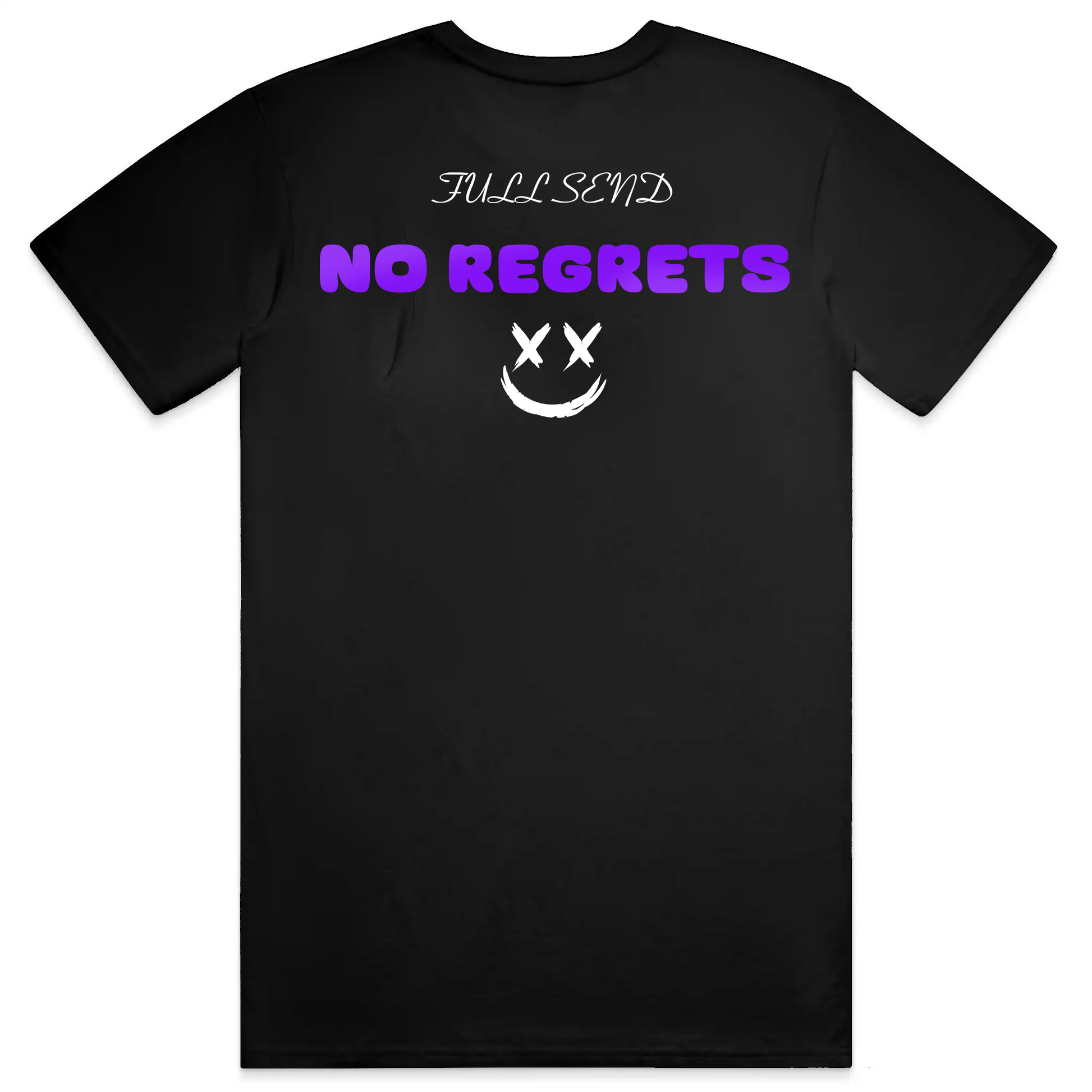 Black t-shirt with 'NO REGRETS' text and smiley face design on a white background