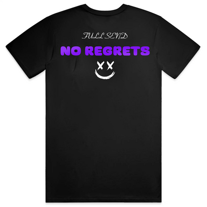 Black t-shirt with 'NO REGRETS' text and smiley face design on a white background